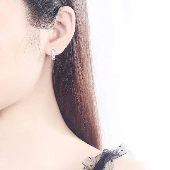 .925 Sterling Silver Mini Hoop Sparkle Zircon Earrings - Picture 3 of 4